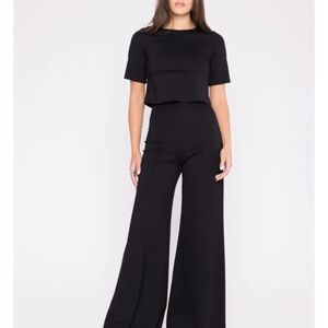 BLACK PONTE KNIT WIDE LEG PANT -